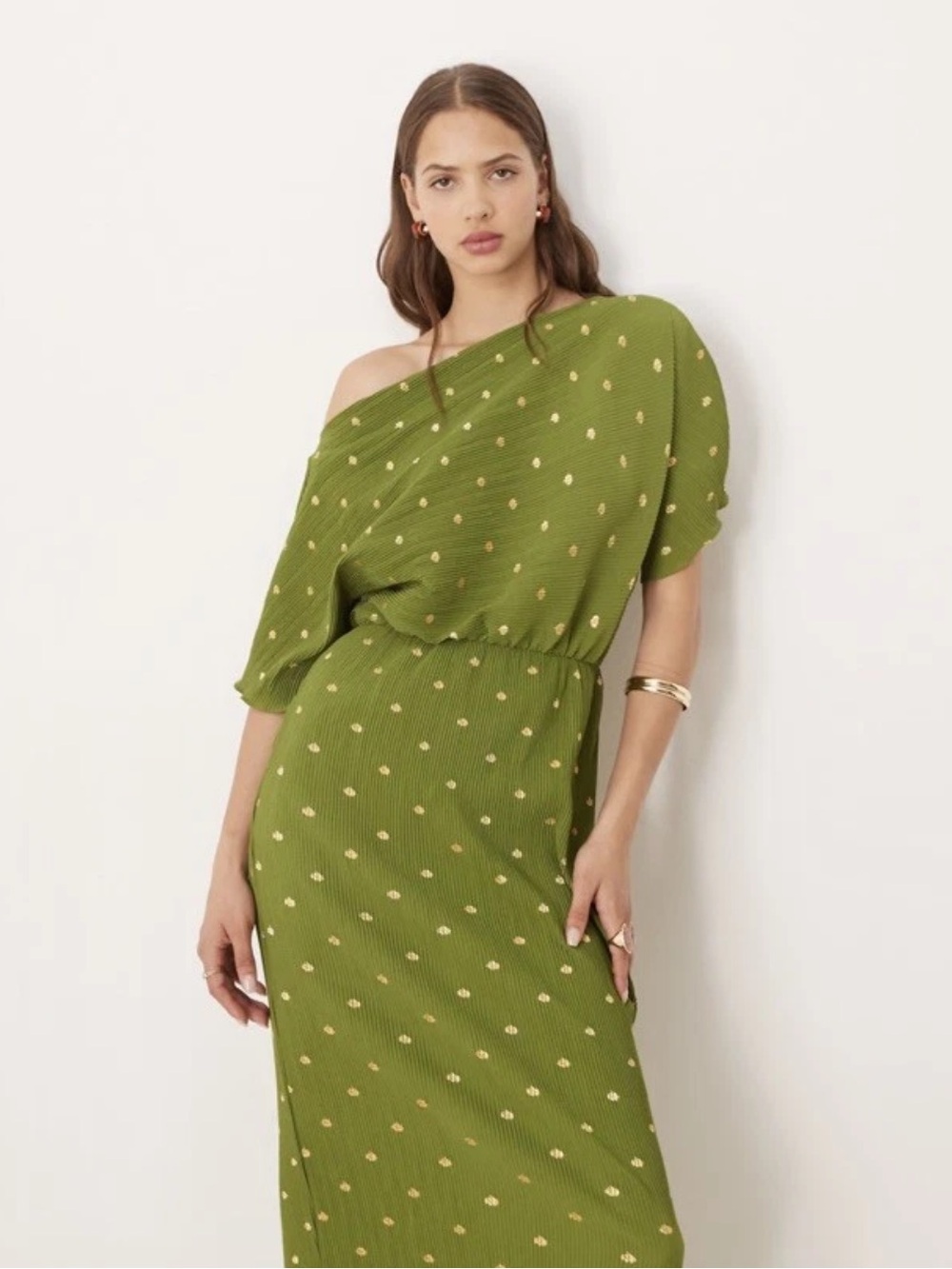 NWT Never Fully Dressed Olive Tilly Gold Fleck Plisse Maxi Off Shoulder Sz 4P